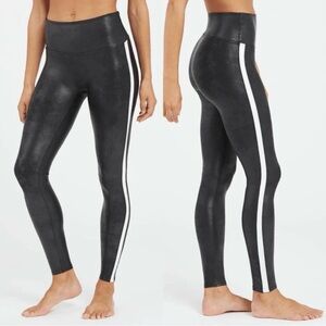 SPANX Black faux leather Leggings with White Side Stripe
